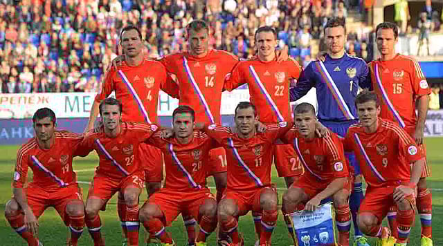 Russian national team players pose prior to the FIFA 2014 World Cup qualifying football match Russia vs Israel at Petrovsky stadium in Saint Petersburg on September 10, 2013. AFP