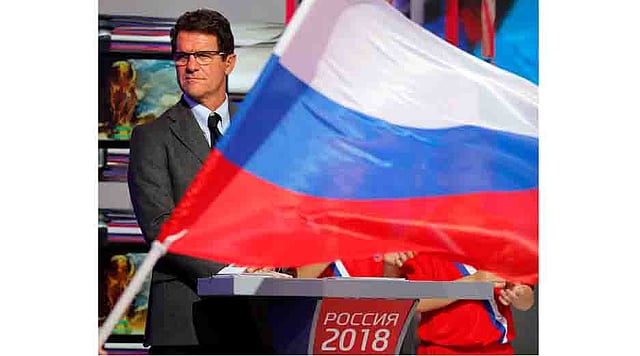 Russian national football team head coach Fabio Capello attends the televised ceremony devoted to the 2018 World Cup host cities unveil in Moscow late on September 29, 2012. Russia and FIFA unveiled the 11 cities from the Baltic to the Urals that will host the 2018 World Cup in the most ambitious project the country has organised since the fall of the USSR. AFP