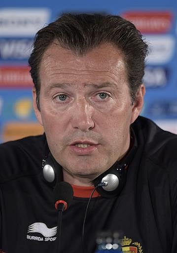Belgium's coach Marc Wilmots speaks at a press conference at Mane Garrincha National Stadium in Brasilila, some 1160 Km north-west of Rio de Janeiro, on July 4, 2014, ahead of their 2014 FIFA World Cup Brazil quarter final football match against Argentina on July 5. AFP