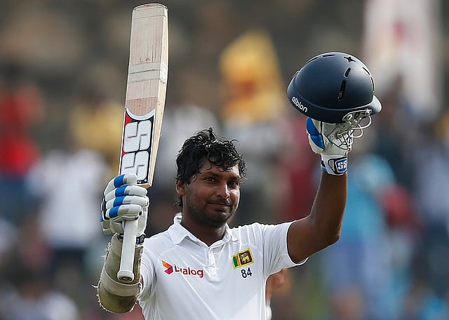 Sri Lanka's Kumar Sangakkara celebrates his double century during the fourth day of their first test cricket match against Pakistan in Galle on August 9, 2014. Reuters