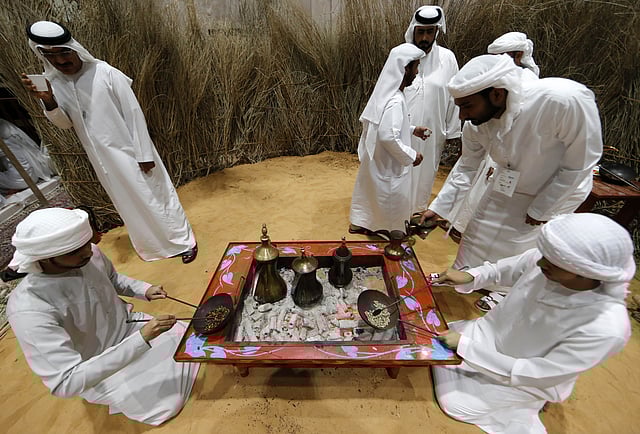 Emirati men gather in a traditional cafe erected at the International Hunting and Equestrian exhibition in Abu Dhabi. Photo: AFP
