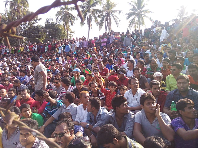 Huge crowds attend to watch FIFA friendly match between Bangladesh and Sri Lanka at Shamsul Huda Stadium in Jessore on Friday. Photo: Ehsan Ud Dowla