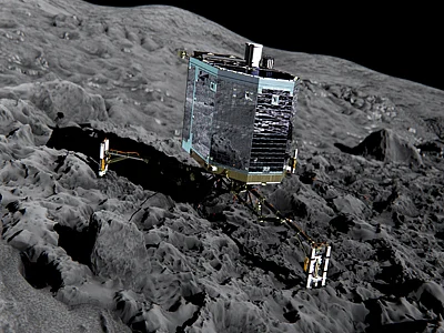 European Space Agency released this picture on December 20, 2013 of an artist’s impression of Rosetta’s lander Philae (front view) on the surface of comet 67P/Churyumov-Gerasimenko. Europe's comet lander Philae has woken up overnight after a months-long sleep, hurtling towards the Sun in deep space, the president of France's CNES space agency said on June 14, 2015. Photo: AFP