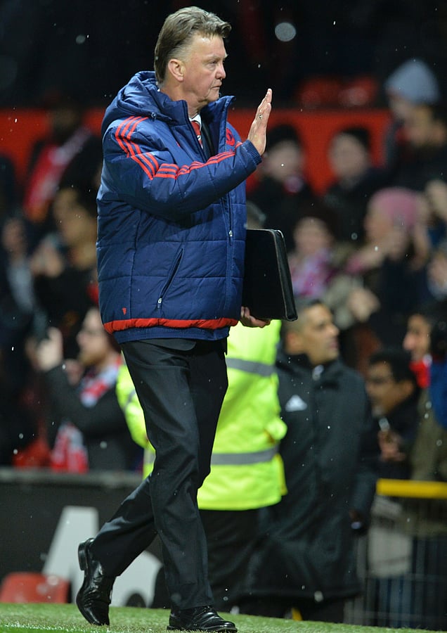 Manchester United`s Dutch manager Louis van Gaal leaves after the English Premier League football match against Stoke City at Old Trafford in Manchester on Tuesday.