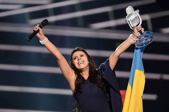 Ukraine`s Jamala reacts on winning the Eurovision Song Contest final at the Ericsson Globe Arena in Stockholm, on May 14, 2016. AFP