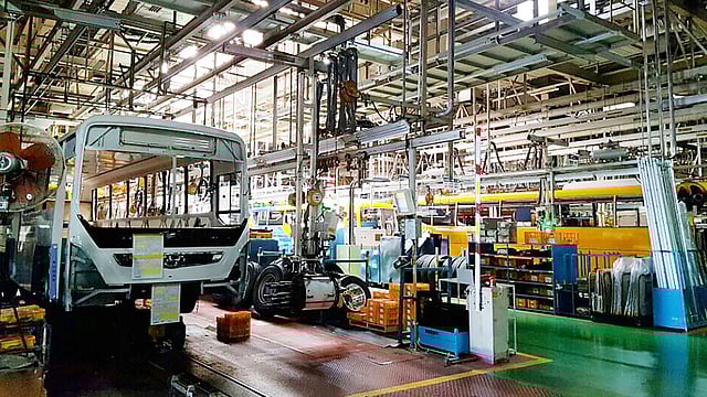 Partially assembled buses remain unattended at the Hyundai Motor assembly line in Jeonju, about 200 kms south of Seoul, on 26 September, 2016.