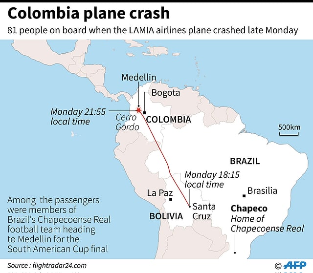 Map showing the flightpath of the LAMIA airlines plane that crashed late Monday with 81 people on board. AFP