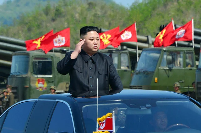 North Korean leader Kim Jong-Un © attending the combined fire demonstration of the services of the Korean People’s Army in celebration of its 85th founding anniversary at the airport of eastern front. AFP file photo
