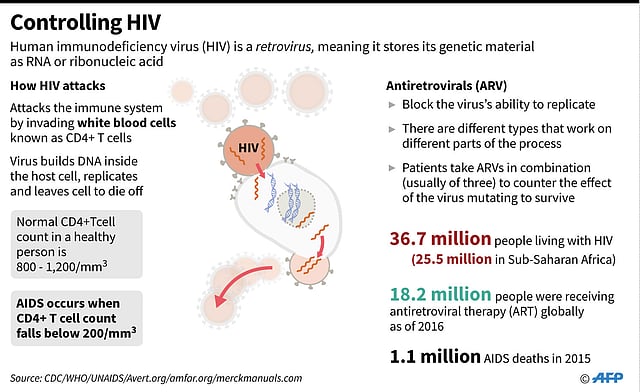 Graphic on how HIV attacks immune cells, and how the condition is treated with antiretrovirals. AFP