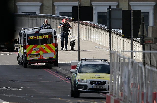 Members of the Police with sniffer dogs work on London Bridge in London following a terror attack. Photo: AFP