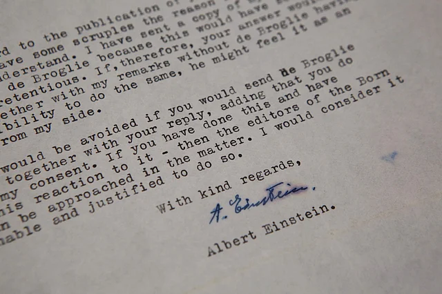 A letter from Nobel Prize-winning physicist Albert Einstein is seen at a Jerusalem auction house on 20 June, 2017. Photo: AFP