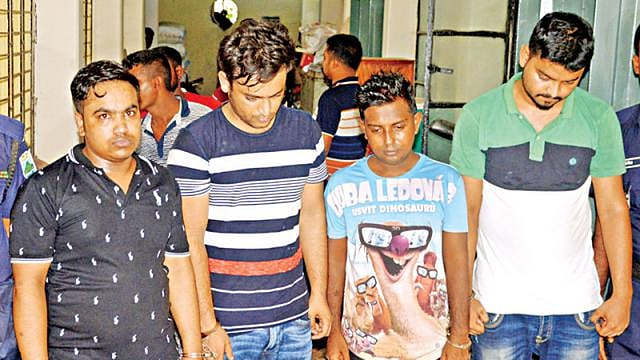 Arrested Bogra Sramik League leader Tufan Sarkar (left) and his accomplices Rupom, Ali Azam and Atikur Rahman. Photo: Prothom Alo