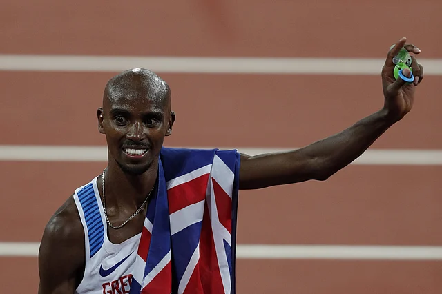 Britain’s Mo Farah celebrates after winning the final of the men’s 10,000m athletics event at the 2017 IAAF World Championships at the London Stadium in London. Photo: AFP
