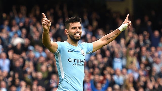 This file photograph taken on 23 September, 2017, shows Manchester City`s Argentinian striker Sergio Aguero as he celebrates after scoring their fourth goal during the English Premier League football match between Manchester City and Crystal Palace at the Etihad Stadium in Manchester, north west England. Photo: AFP