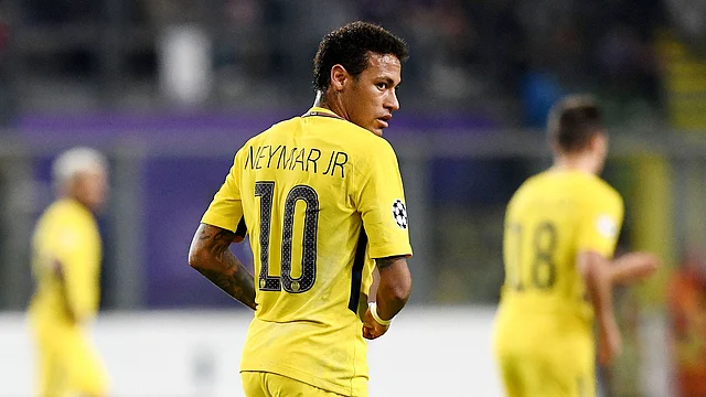 Paris Saint-Germain`s Brazilian forward Neymar reacts during the UEFA Champions League Group B football match between RSC Anderlecht and Paris Saint-Germain (PSG) at the Constant Vanden Stock Stadium in Brussels on 18 October, 2017. Photo: AFP