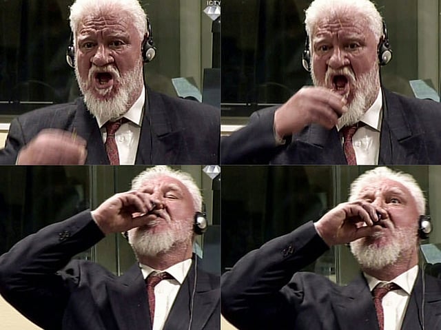 This combination of pictures created on 29 November 2017 shows videograbs taken from live footage of the International Criminal Court, of Croatian former general Slobodan Praljak swallowing what is believed to be poison, during his judgement at the UN war crimes court to protest the upholding of a 20-year jail term. Photo: AFP