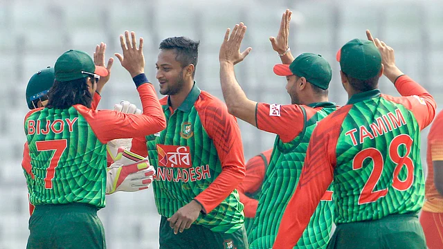Shakib Al Hasan celebrates after taking two wickets in his first over. Photo: Prothom Alo
