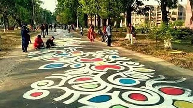 Students of Jahangirnagar University draw longest ever alpona on their campus. Photo: UNB