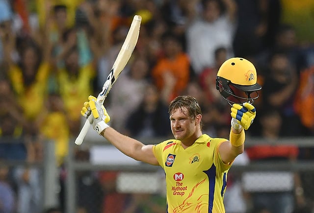 Chennai Super Kings` Shane Watson celebrates after scoring a century (100 runs) during the 2018 Indian Premier League (IPL) Twenty20 final match against Sunrisers Hyderabad at the Wankhede Stadium in Mumbai on Sunday. AFP