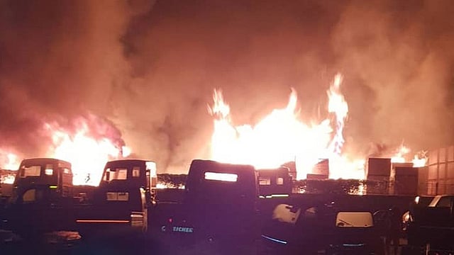 Fire engulfs several trucks at Benapole Land Port on 3 June. Photo: UNB