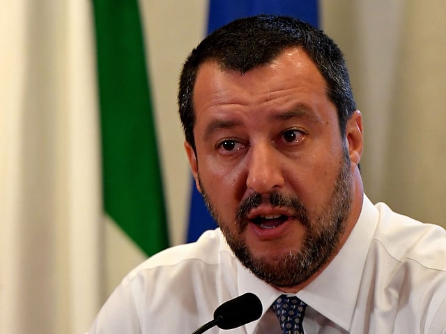 Italy’s interior minister and deputy prime minister Matteo Salvini speaks during a press conference in Rome, on 25 June. Photo: AFP Tag: Italy, Migrant, Libya