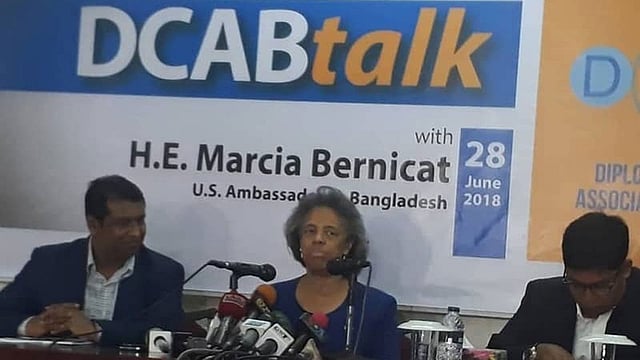US ambassador in Bangladesh Mercia Bernicat speaks at DCAB Talk in Jatiya Press Club on Thursday. Photo: UNB