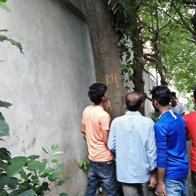 The boy in the orange T-shirt has just inscribed letters on the tree while others look on.