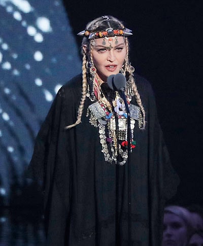 Madonna speaks during a tribute to the late singer Aretha Franklin on 20 August, 2018 at 2018 MTV Video Music Awards, Radio City Music Hall, New York, US. Photo: Reuters