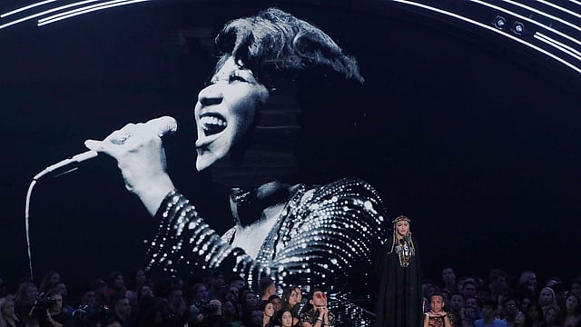 Madonna speaks during a tribute to the late singer Aretha Franklin on 20 August, 2018 at 2018 MTV Video Music Awards, Radio City Music Hall, New York, US. Photo: Reuters