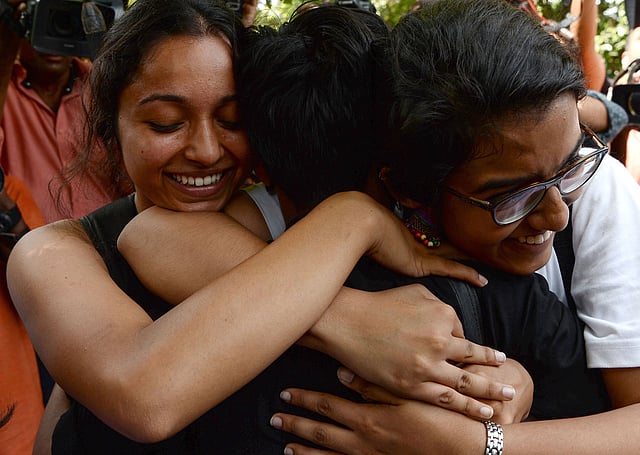 Indian members of the lesbian, gay, bisexual, transgender (LGBT) community celebrate outside the Supreme Court after the decision to strike down the colonial-era ban on gay sex in New Delhi on 6 September 2018. Photo: AFP