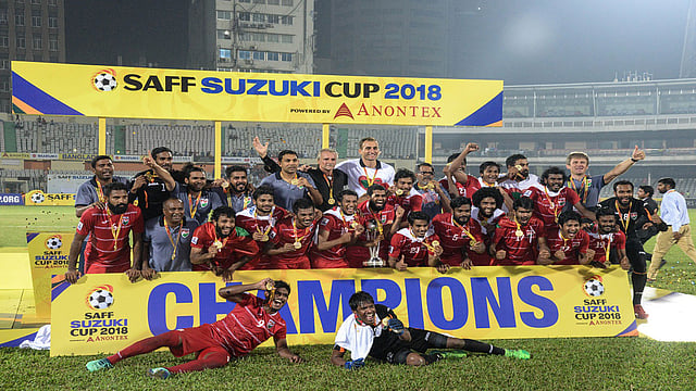 Maldives beat India in the SAFF Suzuki Cup 2018 final at the Bangabandhu National Stadium in Dhaka on Saturday. Photo: UNB