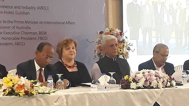 Adviser to the prime minister on international affairs Gowher Rizvi is at a discussion on Bangladesh-Australia trade and investment opportunities in Dhaka on Sunday. Photo: UNB