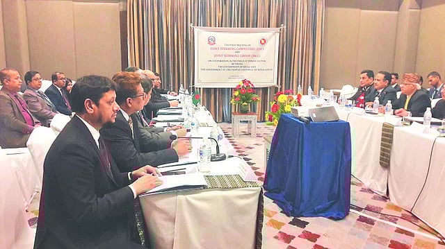 Nepal and Bangladesh officials hold a discussion during the energy secretary-level meeting that concluded in Kathmandu, on Tuesday. Photo: Bangladesh embassy in Nepal