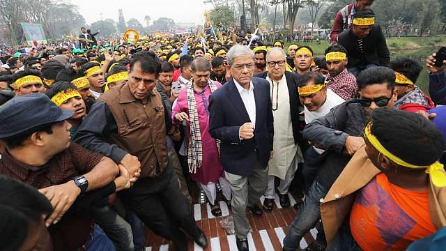 BNP secretary general Mirza Fakhrul Islam Alamgir and other leaders of the party at the National Memorial in Savar, on the outskirts of Dhaka, on Sunday. Photo: Dipu Malakar