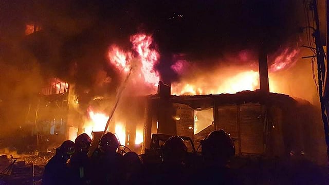 Flames of fire engulf a building in Chawkbazar area of Old Dhaka. Photo: Focus Bangla