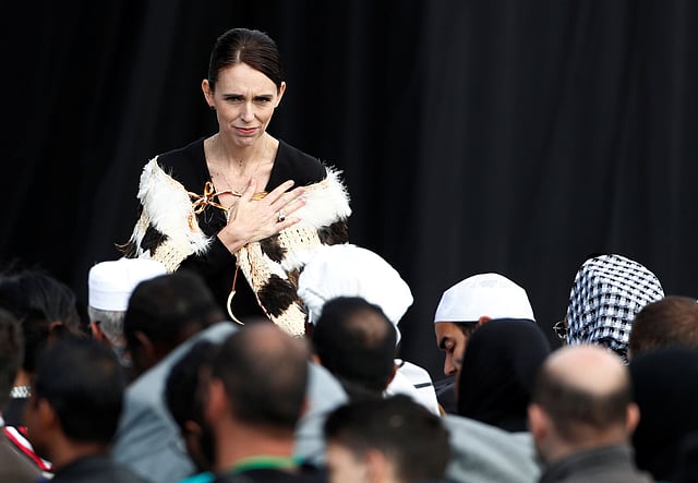 New Zealand`s prime minister Jacinda Arden gestures to relatives of victims of the mosque attacks during the national remembrance service, at Hagley Park in Christchurch, New Zealand on 29 March 2019. Photo: Reuters