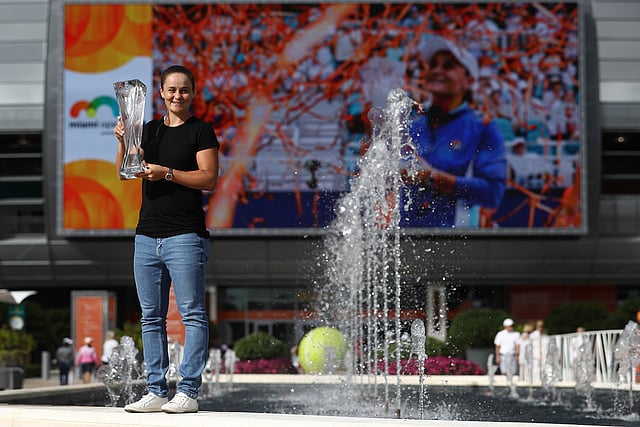 Ashleigh Barty of Australia poses with the winners trophy after defeating Karolina Pliskova of the Czech Republic during the Women`s Final match on day 13 of the Miami Open presented by Itau at Hard Rock Stadium on March 30, 2019 in Miami Gardens, Florida. AFP