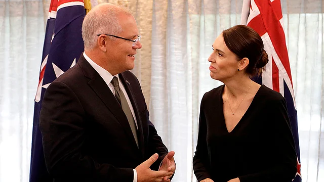 New Zealand Prime Minister Jacinda Ardern (R) talks with Australian Prime Minister Scott Morrison at a bilateral meeting following a national remembrance service for the victims of the March 15 mosques terrorist attack in Christchurch on March 29, 2019. AFP