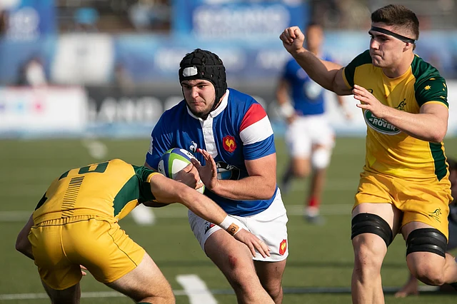 France`s Theo Lachaud runs with the ball during a rugby U20 match between France and Australia at Racecourse Stadium in Rosario, Argentina, on 22 June 2019. Photo: AFP