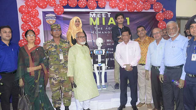 Britannia University authorities unveil the humanoid robot on its Paduar Bazar campus recently. Photo: UNB