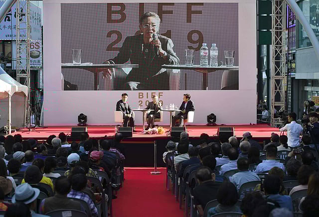 This picture taken on 4 October 2019 shows South Korean actress Kim Ji-mee (C) speaking during an open talk at the Busan International Film Festival (BIFF) in Busan. Photo: AFP