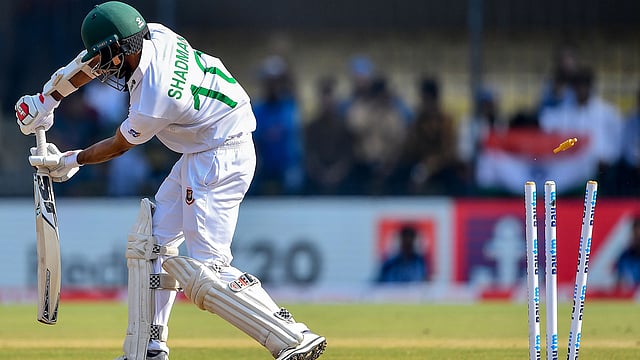 Bangladesh`s Shadman Islam is bowled out during the third day of the first Test cricket match of a two-match series between India and Bangladesh at Holkar Cricket Stadium in Indore on 16 November 2019. Photo: AFP