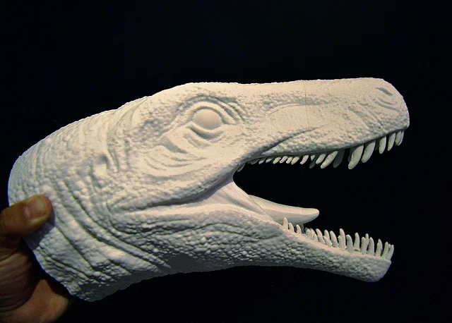 A foam model head based on the Gnathovorax Cabreirai dinosaur is seen at CAPPA, a Brazilian research support centre for paleontology in Sao Joao do Polesine, Brazil, on 2 December 2019. Photo: AFP