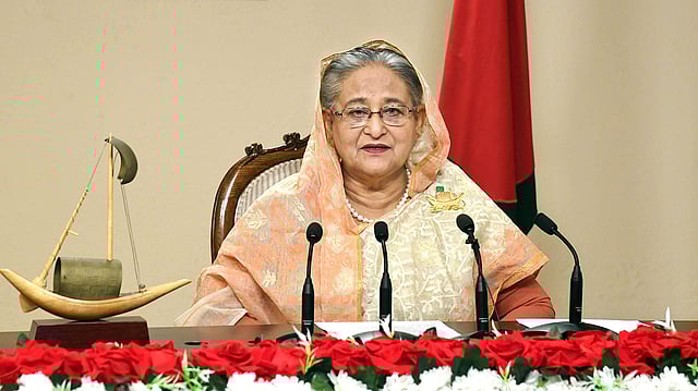 Prime minister Sheikh Hasina addresses the nation on 7 January 2020, marking the first anniversary of her government’s third term in power. Photo: PID