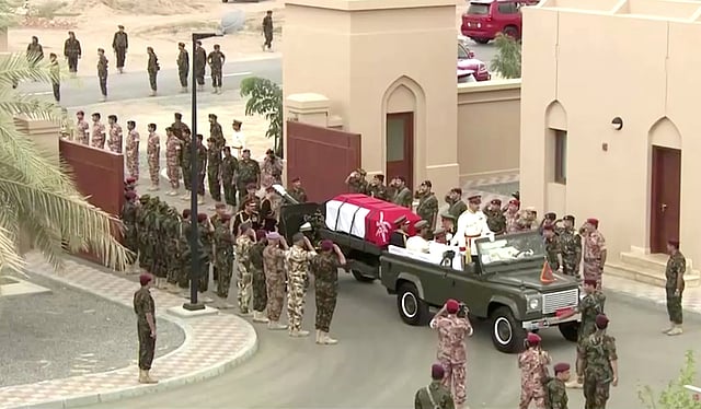 Oman`s Sultan Qaboos bin Said`s coffin rides on a military vehicle during the funeral procession in Muscat, Oman 11 January, 2020 in this still image taken from video. Photo: Reuters