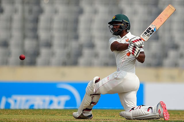 Zimbabwe`s Regis Chakabva plays a shot during the second day of the first Test cricket match between Bangladesh and Zimbabwe at the Sher-e-Bangla National Cricket Stadium in Dhaka on 23 February 2020. Photo: AFP
