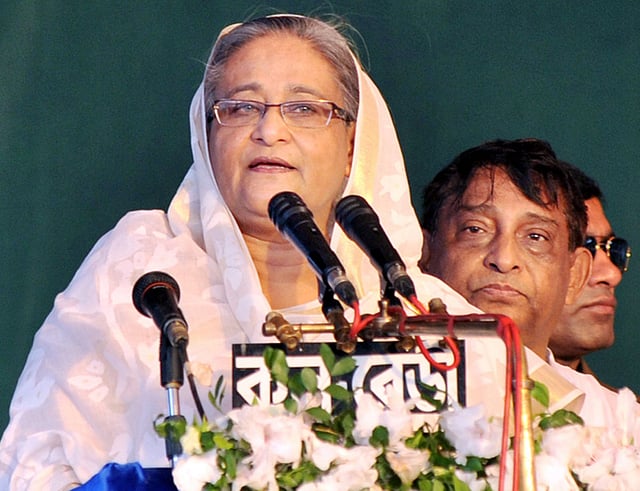 সোহরাওয়ার্দী উদ্যানে ঢাকা মহানগর আওয়ামী লীগ আয়োজিত জনসভায়  বক্তব্য দিচ্ছেন প্রধানমন্ত্রী। ছবি: ফোকাস বাংলা।