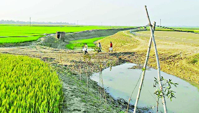 নাটোরের সিংড়ার উত্তর দমদমা এলাকায় খালে বাঁধ দিয়ে পানি আটকে রাখা হয়েছে। এতে এক পাশে পানি থাকলেও অন্য পাশে নেই। ছবিটি সম্প্রতি তোলা । প্রথম আলো