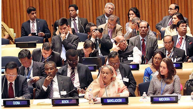 নিউইয়র্কে জাতিসংঘ সদর দপ্তরে গতকাল বুধবার আয়োজিত এক আলোচনায় বক্তব্য দেন প্রধানমন্ত্রী শেখ হাসিনা। ছবি: ফোকাস বাংলা