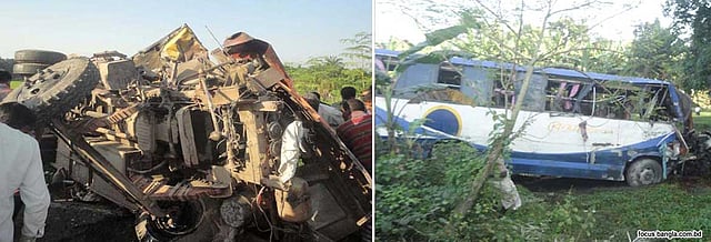 নাটোরের বড়াইগ্রাম উপজেলার রাজ্জাকের মোড় এলাকায় বনপাড়া-হাটিকুমরুল মহাসড়কে যাত্রীবাহী দুটি বাসের সংঘর্ষে অন্তত ৩২জন নিহত হয়েছে। ছবি: ফোকাস বাংলা